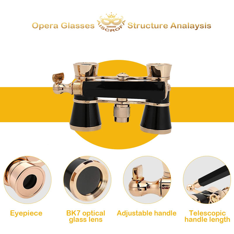 Opera Glasses,3X25 Theater Binoculars with Foldable and Extendable Handle,Mini Binocular Compact Lightweight,Portable Theater Glasses for Adults Kids Women in Musical Concert Black with Handle