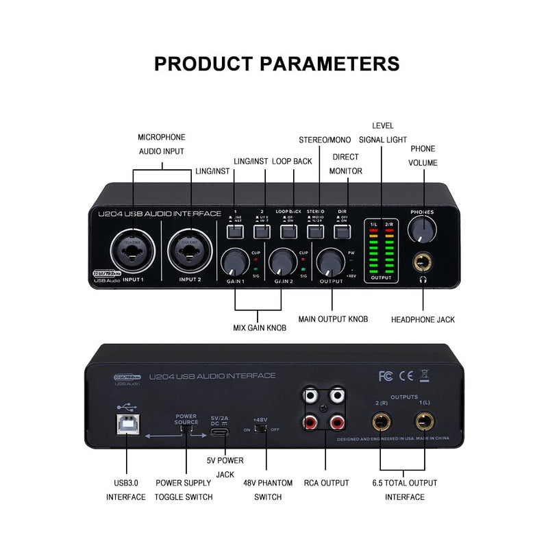 BOMGE U204 USB Audio Interface for PC Computer Recording Music, 2x2 Guitar Audio Interface for Mac 32Bit/192kHz Podcasting Streaming for Vocalist Producer with 48V Phantom