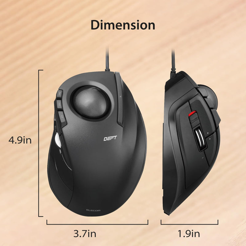 ELECOM DEFT Trackball Mouse, Wired, Finger Control, 8-Button Function with Smooth Tracking, Ergonomic Design, Windows11, macOS (M-DT2URBK) Black / Black ball