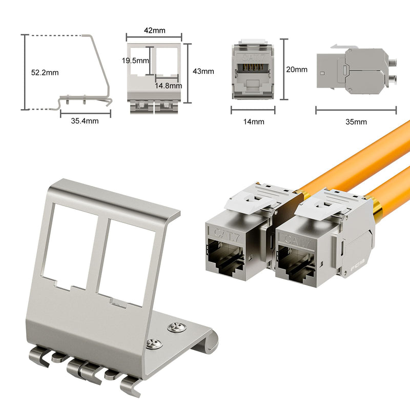 FGB 10Gbps 2x CAT 7 Keystone Jack Module with 1x 2-Port DIN Rail Adapter - Tool-Free LSA - Metal STP Shielding RJ45 Socket Snap-in Mounting for 35 mm DIN Rails - Ethernet LAN Network Switch 2 port-2x keystone + 1x holder