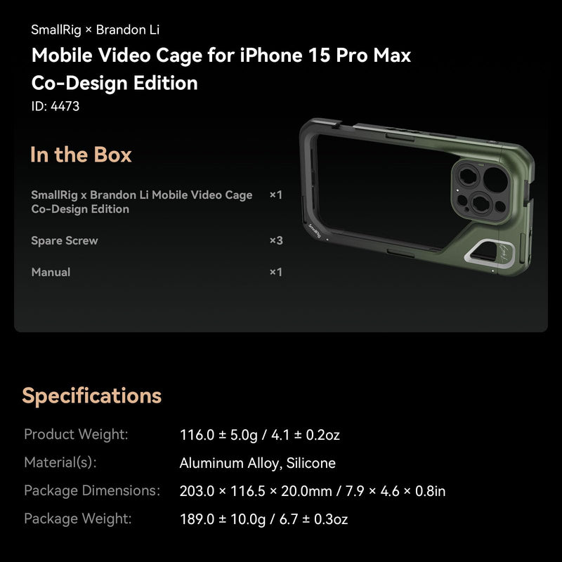 SMALLRIG x Brandon Li Mobile Video Cage for iPhone 15 Pro Max Co-Design Edition, Aluminum Alloy Smartphone Video Cage Case for Videography/Video Recording/YouTube/Live Streaming/Vlog - 4473