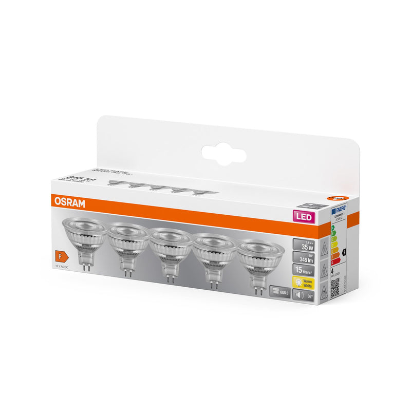 OSRAM LED Base MR16, Value Pack with 5 Low Voltage Bulbs, Replaces Conventional 35 W Reflector Bulbs, Warm White (2700 K), 3.8 W, GU5.3 Socket, Matte Glass, Not Dimmable 2700k Warm White 5 Stück 35W Replacement 36° beam angle