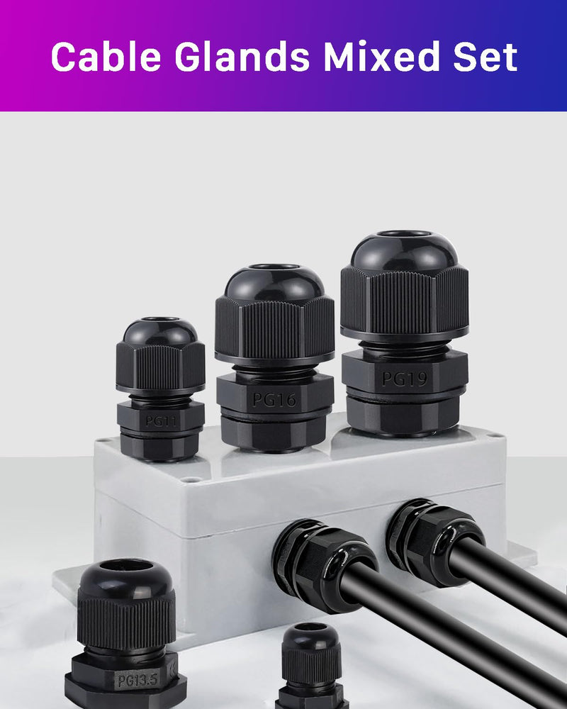 ANVINKU Cable Gland, Waterproof with Seals, 55 Pieces, PG7 PG9 PG11 PG13.5 PG16 PG19 Cable Grommet Waterproof, Black Adjustable Cable Glands Set PG7/PG9/PG11/PG13.5/PG16/PG19