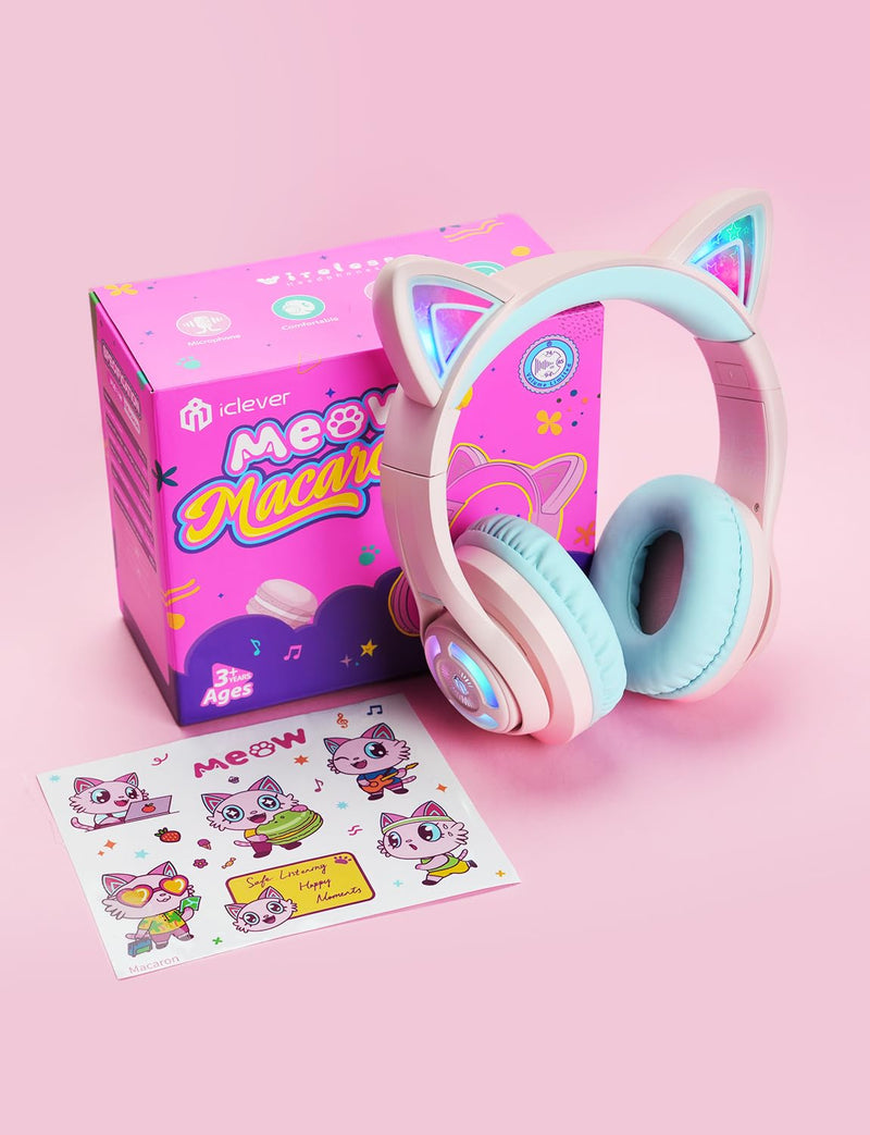 iClever Cat Ear Kids Bluetooth Headphones, LED Lights Up, 74/85/94dB Volume Limited, 50H Playtime,Bluetooth 5.2, USB C, Kids Headphones Wireless for Travel iPad Tablet, Meow Macaron (Pink) Pink
