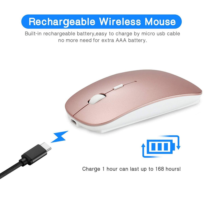 2.4GHz Wireless Bluetooth Mouse, Dual Mode Slim Rechargeable Wireless Mouse Silent USB Mice, 3 Adjustable DPI,Compatible for Laptop Windows Mac Android MAC PC Computer (Rose Gold)