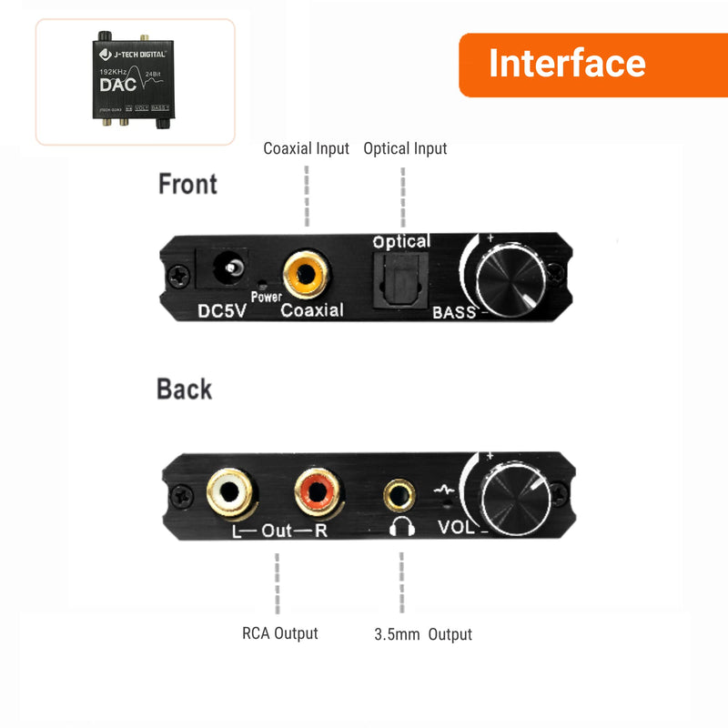 Digital to Analog Audio Converter with Headphone Amplifier & Bass Control by J-Tech Digital | 192kHz 24bit Optical Coaxial RCA 3.5mm DAC Converter Optical to 3.5mm