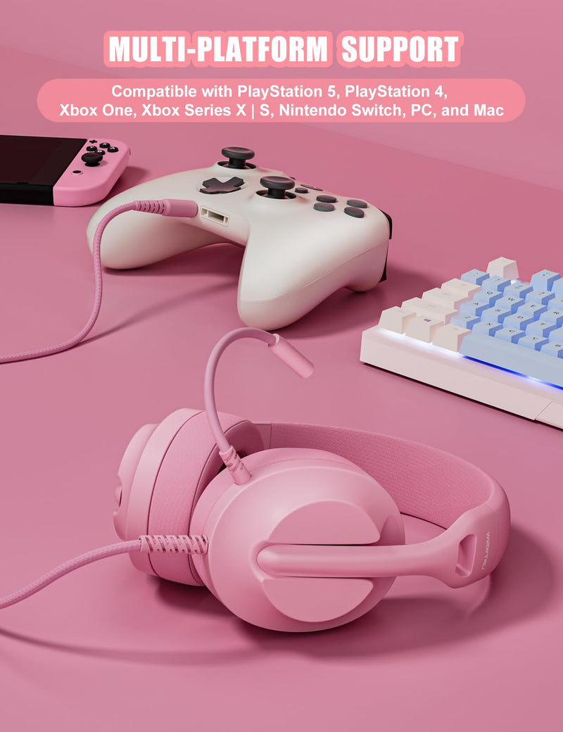 [AUSTRALIA] - WIRWTRU S30 Gaming Headset with Microphone,198g Lightweight Design, Wired Gaming Headphones for Xbox, Xbox Series X|S, PS5, PS4, Switch, PC, Noise Cancelling Mic, Soft Earmuffs (Pink) Pink 