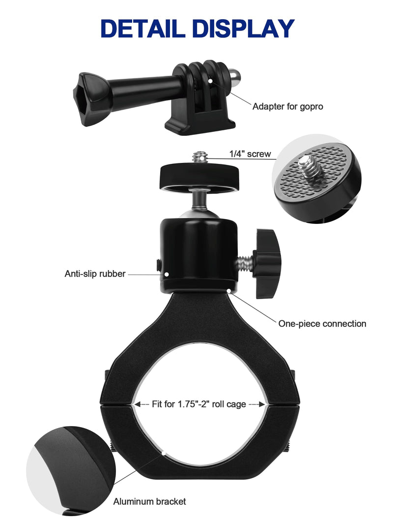UTV Camera Mount for GoPro & More, Aluminum Bracket Fits 1.75"-2" Roll Cage on Polaris RZR, 360° Rotation UTV Camera Holder Compatible with Insta360, AKASO, DJI Osmo Action Cameras
