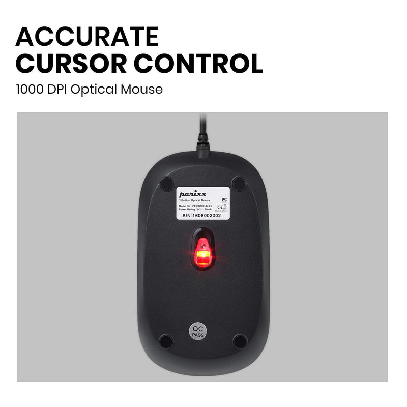 Perixx PERIMICE-201 Wired USB Optical 3 Button Mouse with 800 DPI and Illuminated Wheel, Black USB Optical Mouse