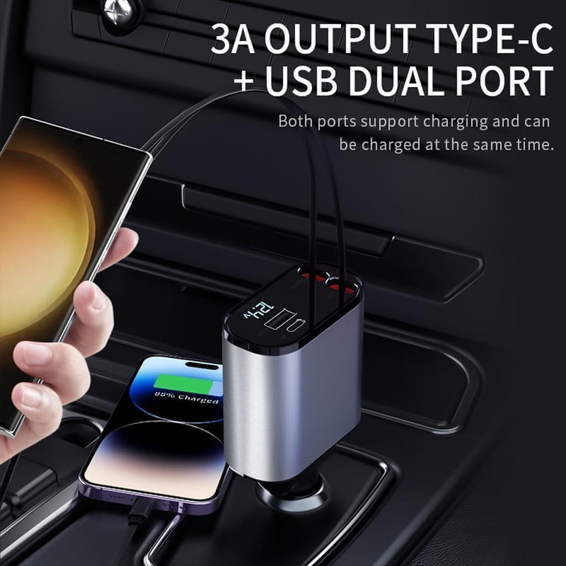 Retractable Car Charger, 4 in1 Fast Car Phone Charger 120W, 2.7Ft Retractable Cables and 4 Electronic Ports, Car Charger Compatible for iOS & Android Cell Phones All Device Charging