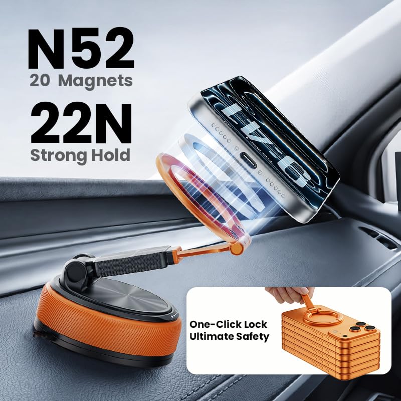 Magnetic Car Phone Mount, 2-in-1 Detachable Ring Stand for Desk & Dashboard, 360° Triple Axis Windshield Holder, N52 Strong Magnet, Universal Fit, Includes 2 Metal Plates, (orange) Orange(A20)