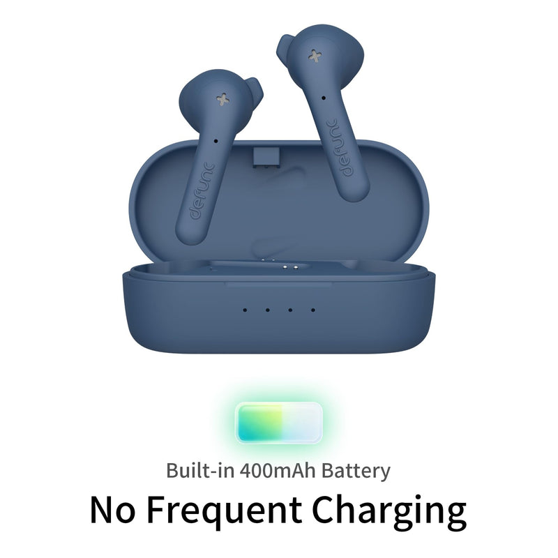 Defunc True Basic Wireless Earbuds, Bluetooth 6.0, Patented MultiTip Semi-in-Ear Design with Silicone Ear Wings, AI App Support, Quad Microphones, Waterproof, 22H Playtime, Secure Fit Earbuds Blue