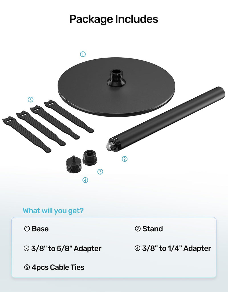 Desktop Microphone Stand, Weighted Base & Wide Compatibility, 3/8" Table Mic Stand with 5/8" and 1/4" Screw Adapters & Cable Ties, Ideal for Multi Microphone Holder, Podium, Podcasts, Meeting