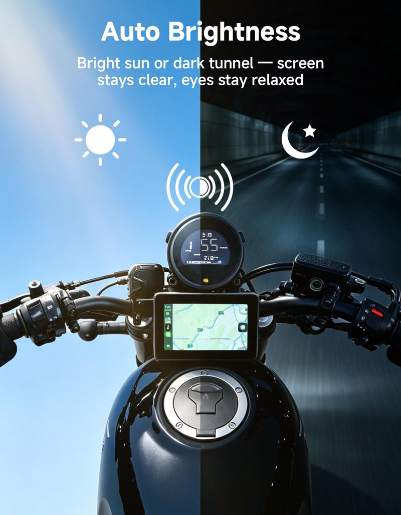 KEMIMOTO 5 Inch Motorcycle Screen, Auto Brightness – Wireless CarPlay & Android Auto, Waterproof GPS Navigation Display with Handlebar Mount – for Road, Touring, Adventure
