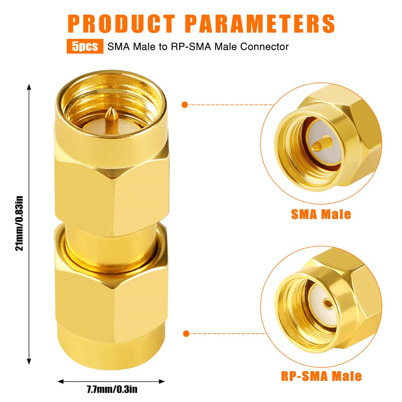 KUOQIY SMA Male to RP-SMA Plug Connector, RF Coaxial Adapter, for 2G 3G 4G LTE Antenna, Router, Pack of 5 SMA Male to RP-SMA Male