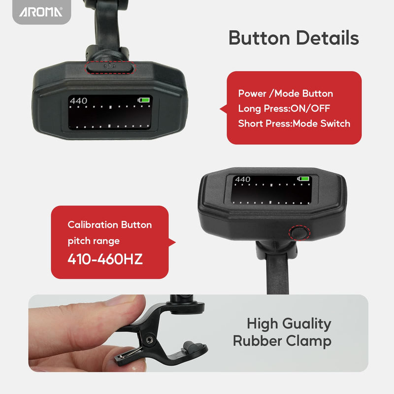 Aroma Guitar Tuner Clip On Rechargeable Chromatic Tuner for Guitar Bass Ukulele Violin Mandolin with TFT Screen Easy to Read in Strong Light
