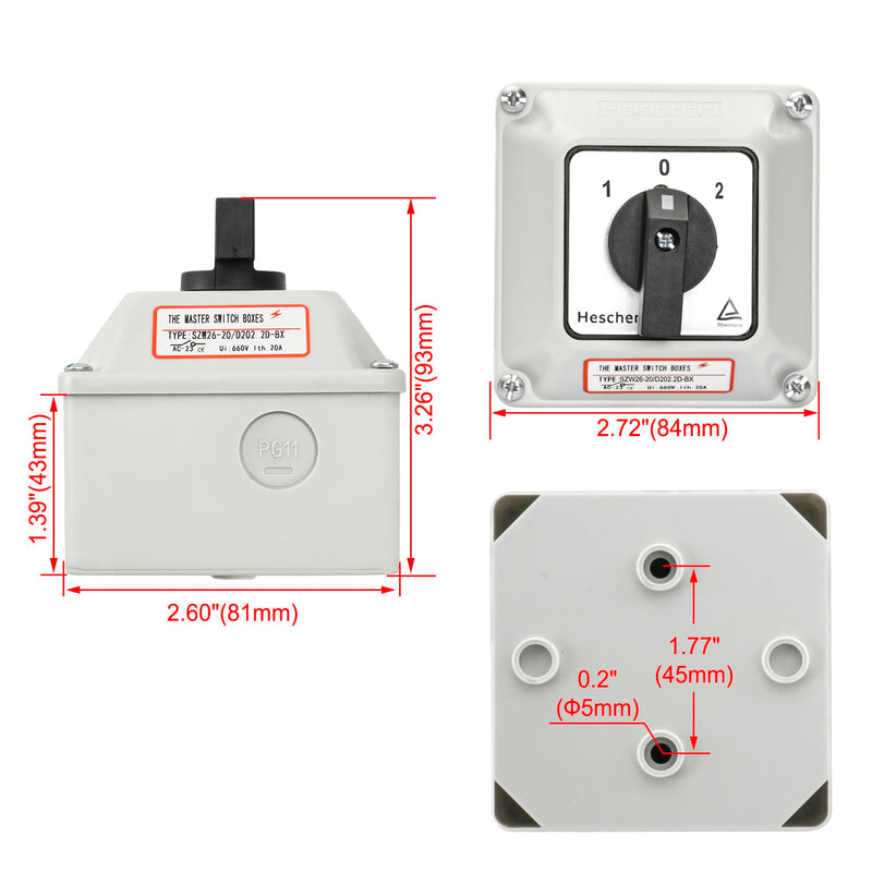 [AUSTRALIA] - Universal Rotary Cam Selector Changeover Switch, SZW26-20/D202.2D, 660V 20A, ON-Off-ON, 3 Position 2 Phase 8 Terminals, with Master Switch Exterior Box (Bigger Box) Bigger Box 