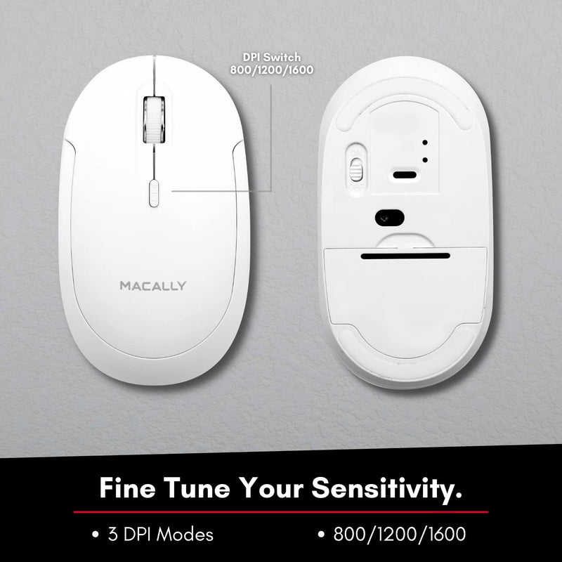 Macally Wireless Bluetooth Mouse for Mac, MacBook Pro / Air, iPad, and PC - Quiet Click and Comfortable Wireless Mouse - Compatible Wireless Apple Mouse - White Laptop Mouse Bluetooth