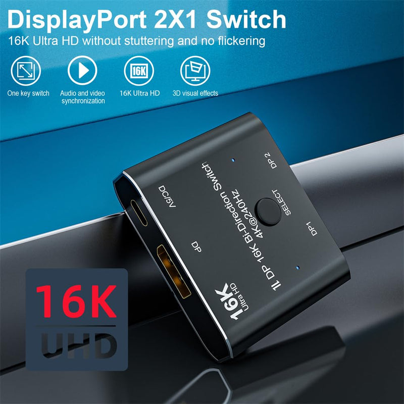 NFHK DP DisplayPort 2.0 Bi-Direction 2x1 Switch Splitter Selector Hub Support HDCP SST Extended 16K@60hz 4K@240hz Convertor DP 2x1 Switch