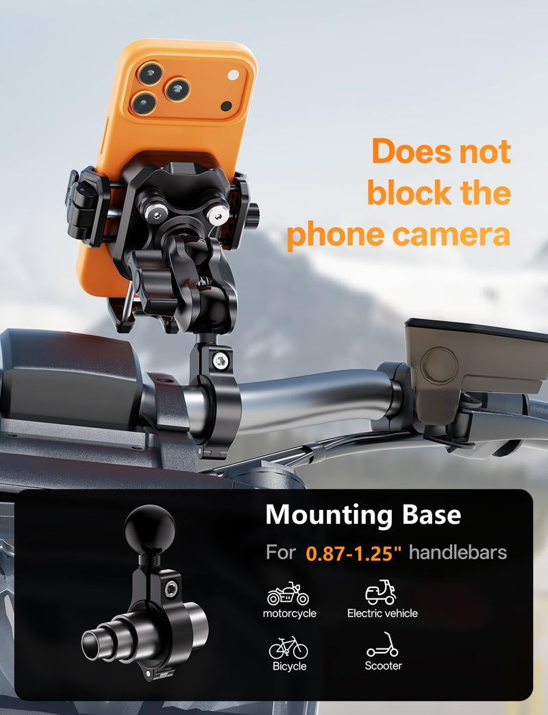 Kewig Anti-Theft Motorcycle Phone Mount with Vibration Dampener | Camera Friendly Bike Handlebar Phone Holder for Bicycle Scooter ATV, Adjustable Size Fit for 5.4-7.2" Cellphone M33-C1