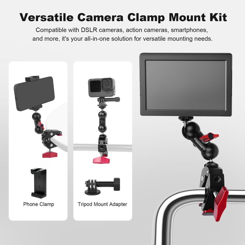 [AUSTRALIA] - Super Clamp with Dual Ballhead Magic Arm, Aluminum Camera Clamp Mount Kit for DSLR Action Camera/Phone/Monitor/Video Light/Microphone, Camera Mount for Tripod/Desk/Tube (SY006) 