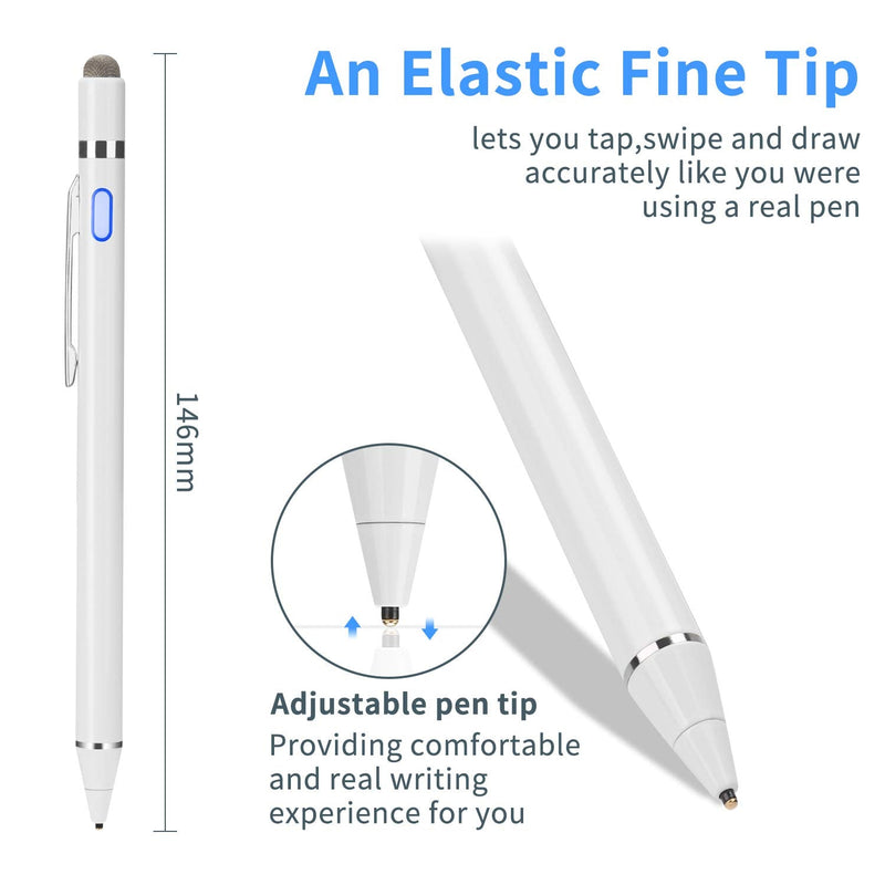 2-in-1 Active Stylus Digital Pen with 1.5mm Ultra Fine Tip for iPad iPhone Samsung Tablets, Work on Touchscreen Phones and Tablets,Good at Drawing and Writing, White