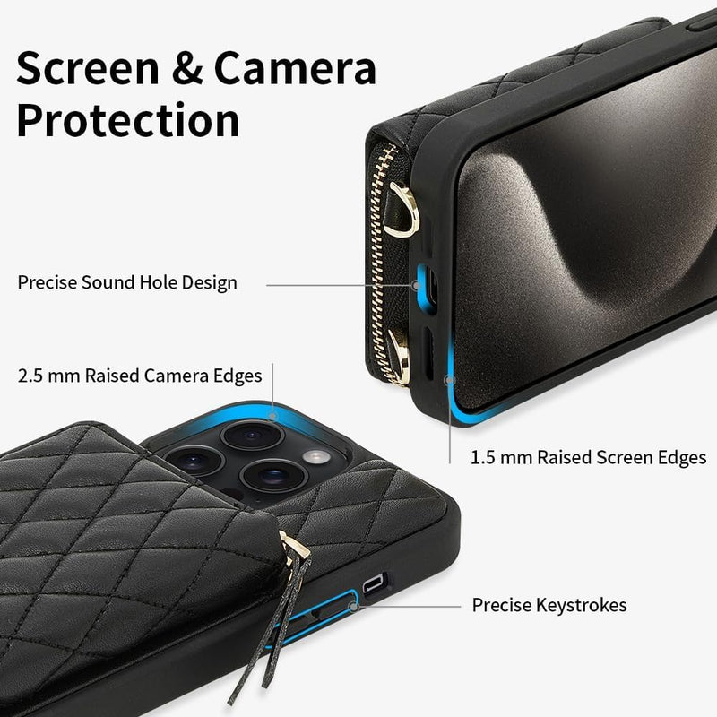 LAMEEKU for iPhone 14 Pro Max Wallet Case, Card Holder Case Crossbody Purse for Women Quilted Leather RFID Shockproof Cover Compatible with iPhone 14 Pro Max, 6.7 Inch-Black iPhone 14 Pro Max 6.7" Black-01