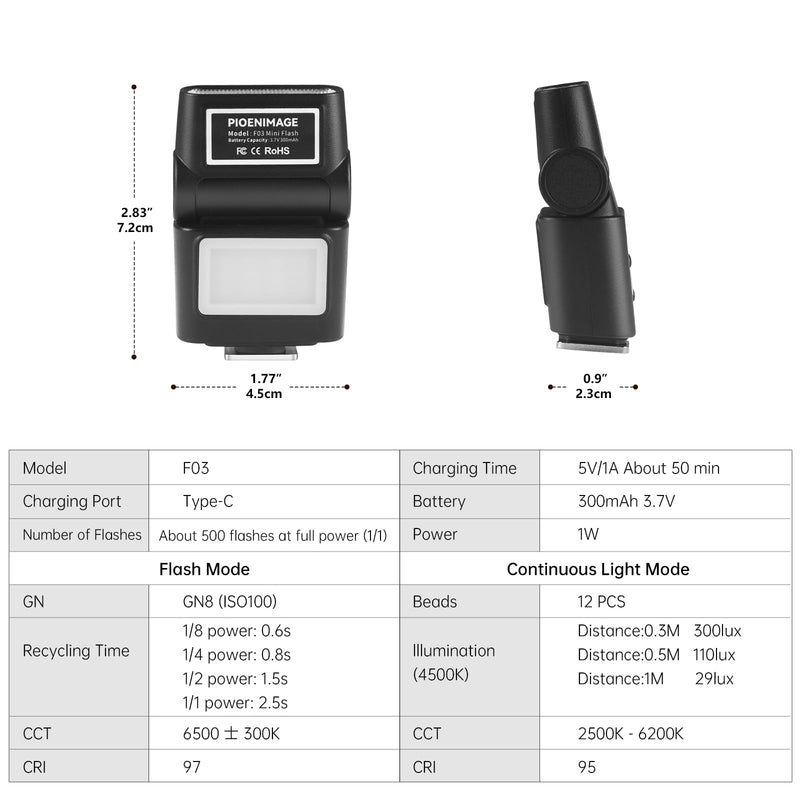 Mini Camera Flash Speedlite with Video Light, GN8 6500K Adjustable External Flash, Universal Single Contact Hot Shoe Mount, Compatible with Canon/Nikon/Sony/Fuji/DSLR Black A