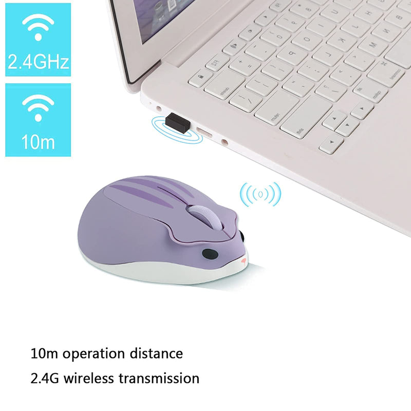 Wireless Mouse Cute Cartoon Animal Hamster Shape Silent Portable Mobile Optical 1200DPI USB Cordless Mice for PC Mac Laptop Computer Notebook with Receiver, 3 Buttons, Purple, 3 x 2 x 1 inch