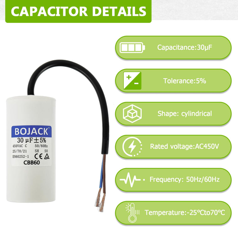 BOJACK CBB60 30uF 450V 50/60HZ Starting Capacitor, SH Motor Operating Capacitor, AC Motor Capacitor, with Wire