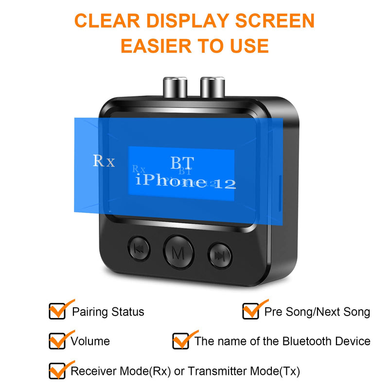 Bluetooth Transmitter Receiver for TV, Bluetooth Receiver for Home Stereo with RCA 3.5mm AUX & Display, Music Audio Adapter for Headphones/Speakers/Airplane/Home Theater/PC/Car, with TF Card Output