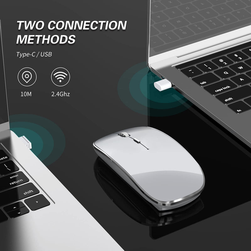 Halpilt Wireless Mouse Chargeable Portable Silent Wireless Mouse USB and Type-C Dual Mode Wireless Mouse 3 Adjustable DPI for Laptop, Mac, MacBook, Android, PC (Q23S Grey)