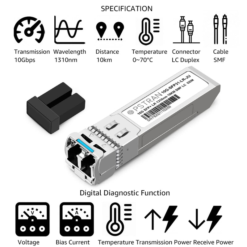 10GBASE-LR SFP+ Optical Transceiver Module Compatible with Juniper QFX-SFP-10GE-LR EX-SFP-10GE-LR SRX-SFP-10GE-LR 10G SFP+ LR 1310nm 10km DDM Duplex LC SMF 10GBASE-LR: 10km for Juniper 1