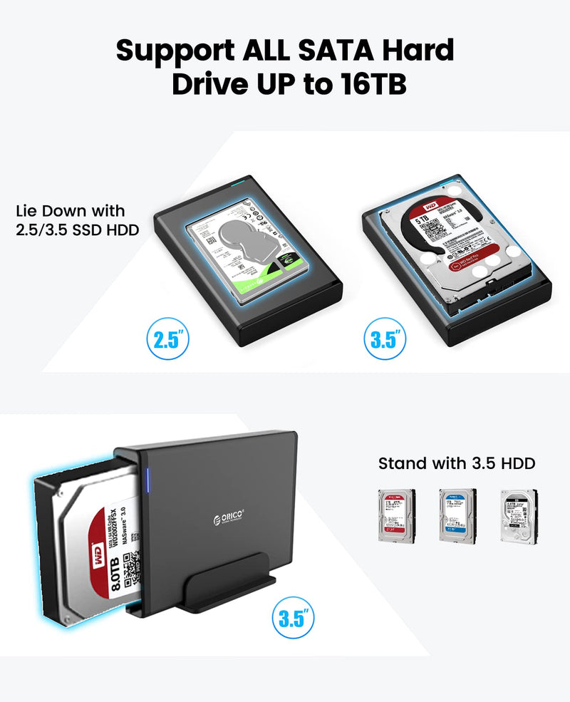 ORICO 3.5 Inch External Hard Drive Enclosure with Removable Enclosure USB 3.0 to SATA 3.0 5Gbps for SATA 3.5 Inch HDD with 12V 2A Power Supply Adapter (16TB Max, Blue Display) 7688U3 ORICO 7688U3-EU-BK-BP