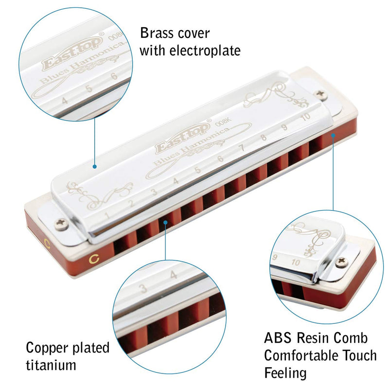 East top Harmonica Key of C 10 Holes 20 Tones 008K Blues Diatonic Mouth Organ with Silver Cover, Deluxe Harmonica C For Adults, Professionals and Students as gift silver-C