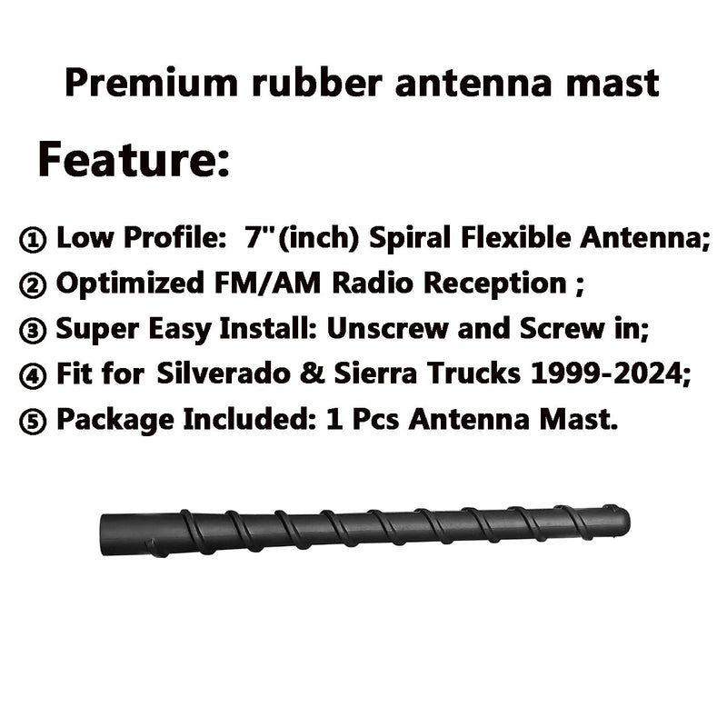 for GM Truck Short Antenna Fit for GMC Sierra 1500-3500 Denali (1999-2024) | Chevy Silverado 1500-3500 (1999-2024) | 7" Spiril Flexible Rubber Antenna, Optimized AM/FM Radio Reception Accessories