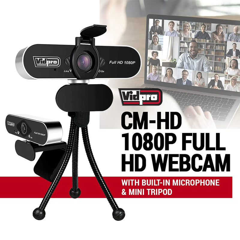 Vidpro CM-HD 1080P Full HD Webcam with Built-in Microphone and Mini Tripod - Plug and Play 85-Degree FOV USB Webcam with Noise Canceling Filter Perfect for Video Calls Meetings Live Streaming Gaming