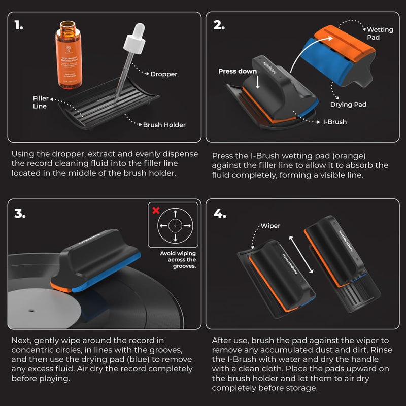 HumminGuru I-Brush Vinyl Record Cleaning Kit, Anti-Static Vinyl Record Cleaner Kit with Dual Velvet Pads Vinyl Record Brush + Alcohol-Free Record Cleaning Solution + LP Brush Holder (Orange: I-Brush) Orange: I-brush