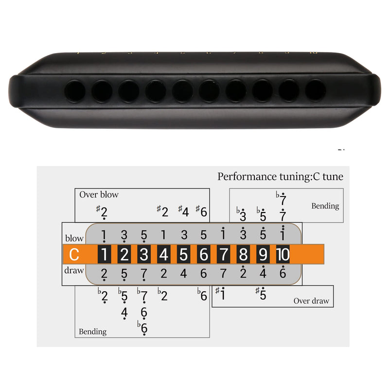 JDR Harmonica Key of C Ninja, Blues Mini Harp 10 Holes 20 Tones Musical with Case for Adults Beginners Teacher Professional Students Musician Folk Rock Standard Diatonic Mouth Organ Black