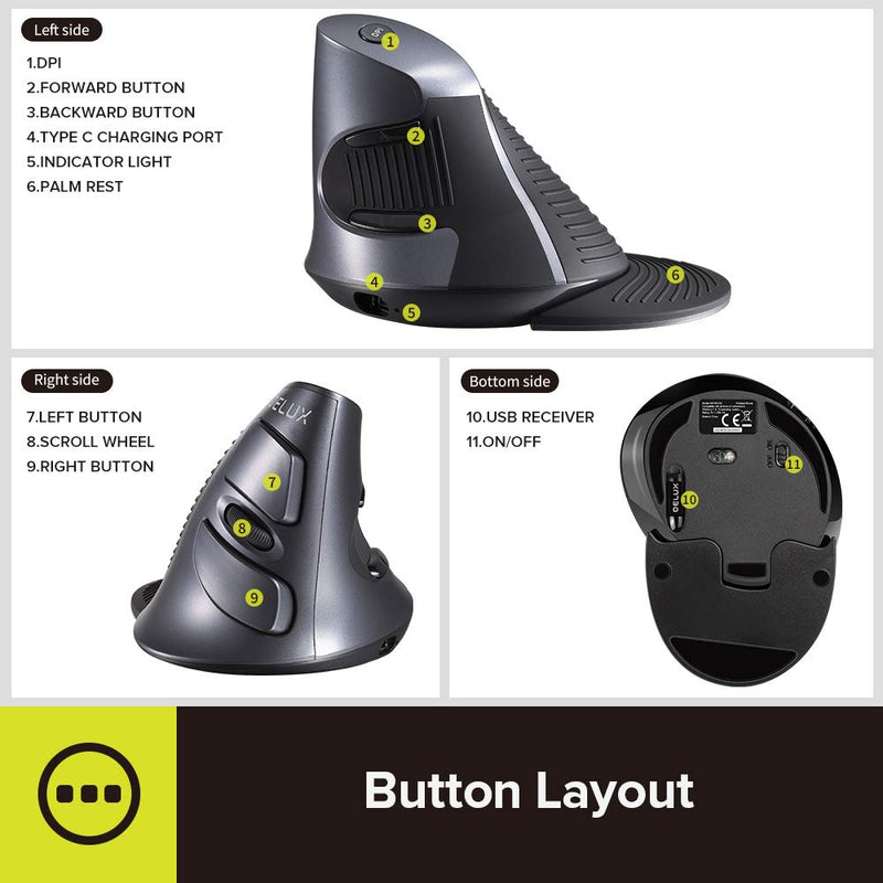 DELUX Upgrade Rechargeable Ergonomic Vertical Mouse, 2.4G Optical Wireless Ergo Silent Mouse with USB Receiver, 6 Buttons, 3 Gear DPI and Removable Palm Rest Reduce Muscle Strain (M618G GX-Black) M618G GX 2.4G Wireless 1600DPI
