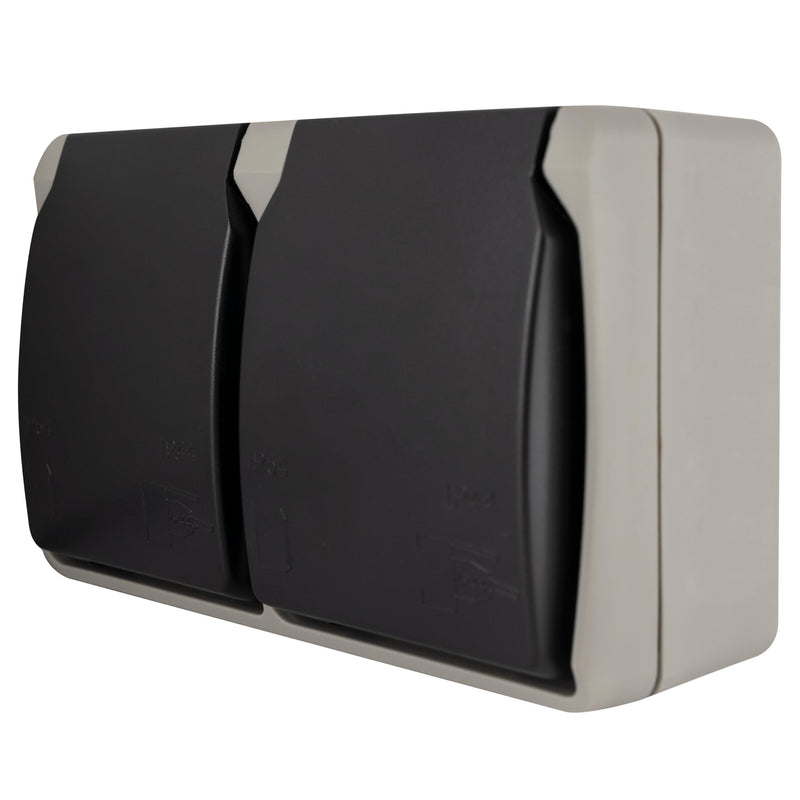 REV AquaBase 2-Way Wet Room Socket, 2-Pole, Splash-proof IP54, Horizontal, Surface-Mounted, Grey 1 x socket (2-way)