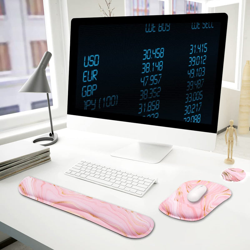 Memory Foam Ergonomic Keyboard Wrist Rest Pad and Mouse Wrist Rest Support Mouse Pad Set with Non-Slip Rubber Base Set for Office Gaming Easy Typing & Pain Relief-Pink Marble Pink Marble
