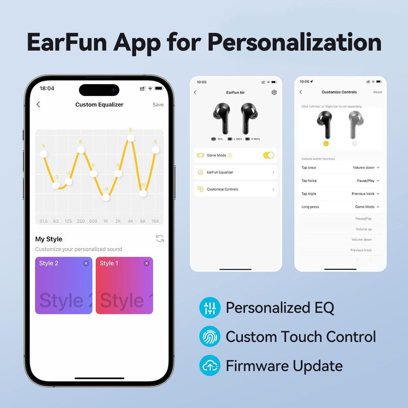 EarFun Air True Wireless Earbuds, Bluetooth Earbuds with 4 Mics Clear Call | IPX7 Waterproof, Game Mode, Deep Bass, Wireless Charging, USB-C Fast Charge, 35H Playtime, Black