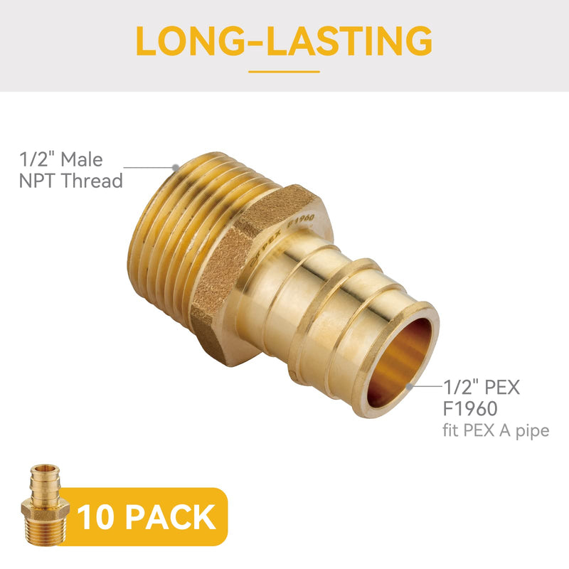 [AUSTRALIA] - 10 Pack PEX-A Fittings, 1/2"x 1/2" Expansion Male NPT Adapter, ASTM F1960 Male Threaded Adapter for A Tubing(PEX1960016) 1/2"x1/2" 10Pack 
