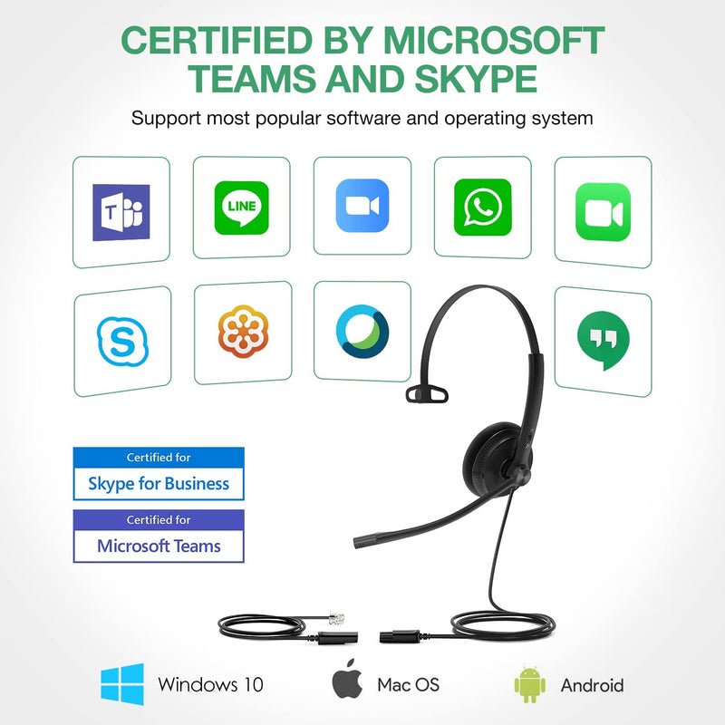 Yealink Phone Headsets for Office Phones YHS34 Lite QD to RJ9 Wired Headset Compatible with Poly Snom Grandstream Phones Desk Landline Headset with Microphone -Mono/72g/2.1m Cable Foamy Ear Cushions - Mono Compatible with Yealink|Poly|SNOM|Grandstream