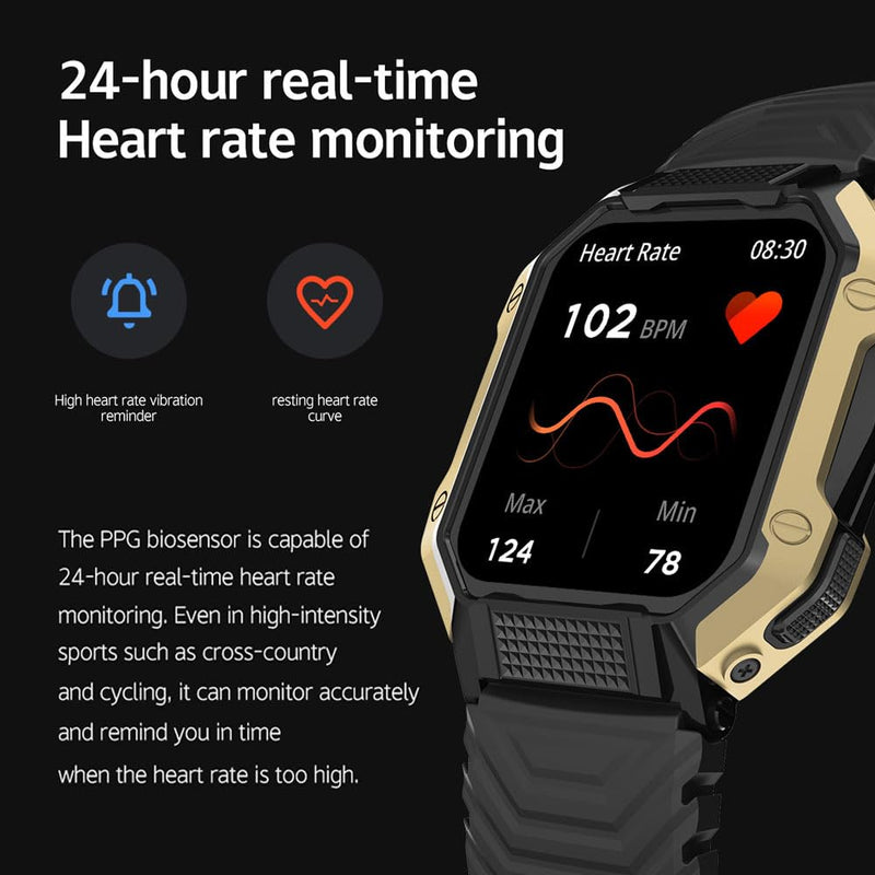 1.83" Large Screen Military Smart Watches for Men Make/Answer Call Tactical Blood Pressure Watch with Heart Rate/Blood Oxygen Monitor 100+ Sport Modes Fitness Watch for Android iOS Phones black gold