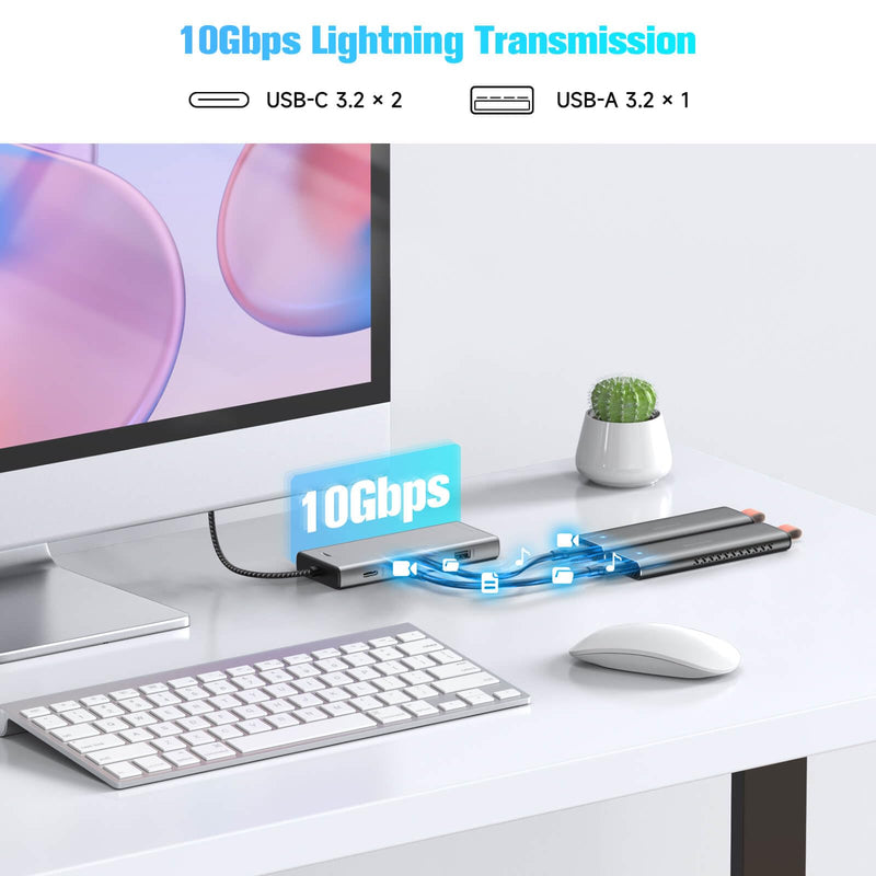 RSHTECH 5-in-1 USB C Hub with M.2 NVMe/SATA SSD Enclosure | 10Gbps USB Data Ports (1A + 2C) and 100W Power Delivery, Aluminum USB-C Dock Dongle for MacBook, Laptops, RSH-D05P Silver
