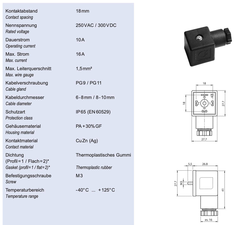 Kalitec Pack of 3 Valve Connectors 3-Pin Black Form A I Contact Surface 27 x 27 mm² I PG9 I Contact Separation 18 mm I Protection IP 65 I Valve Connector for Solenoid Valve I Cube Plug 2-Pin + PE