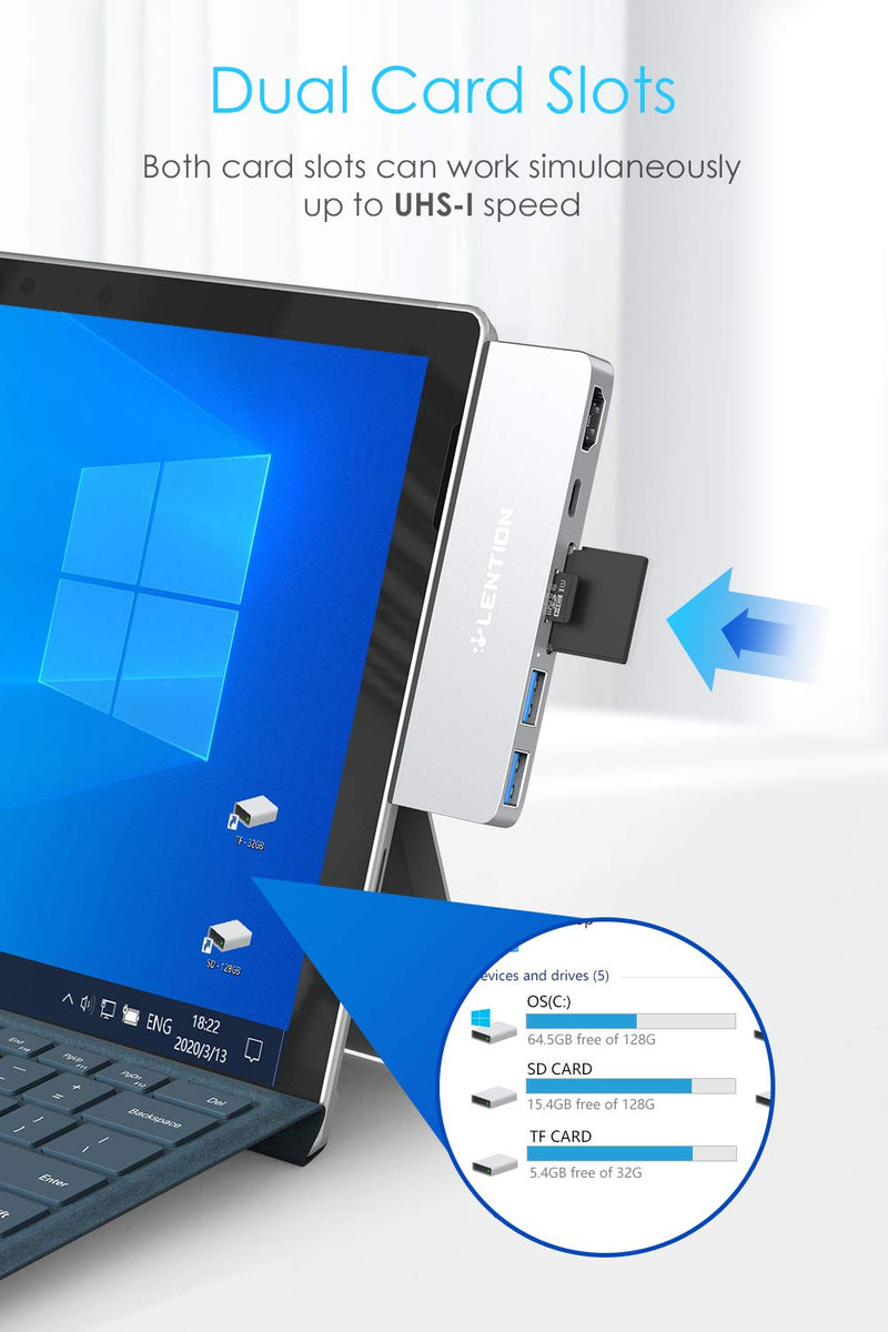 LENTION 6-in-1 USB C Hub for Surface Pro 7 Only, with 4K/60Hz HDMI, SD & Micro SD Dual Card Reader, 2 USB 3.0 and 60W Type C Charging Port, Stable Driver Adapter (CB-CS34, Silver)