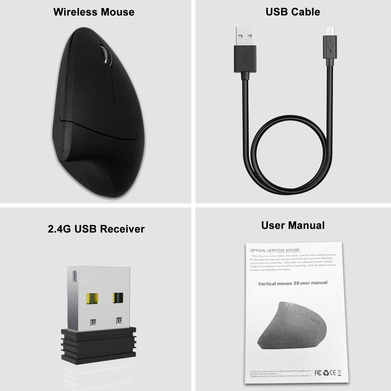 Vassink Wireless Mouse Ergonomic Mouse Rechargeable Vertical Optical Mice with USB Receiver, 6 Buttons 2.4GHz Adjustable DPI 800/1200/1600 for PC Computer,Laptop,etc（Black） Black2